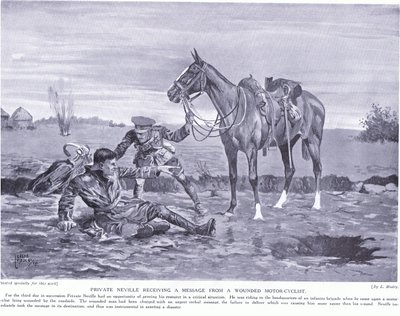Private Neville Receiving a Message from a Wounded Motor Cyclist Ypres October 1914 by Leslie Mosley